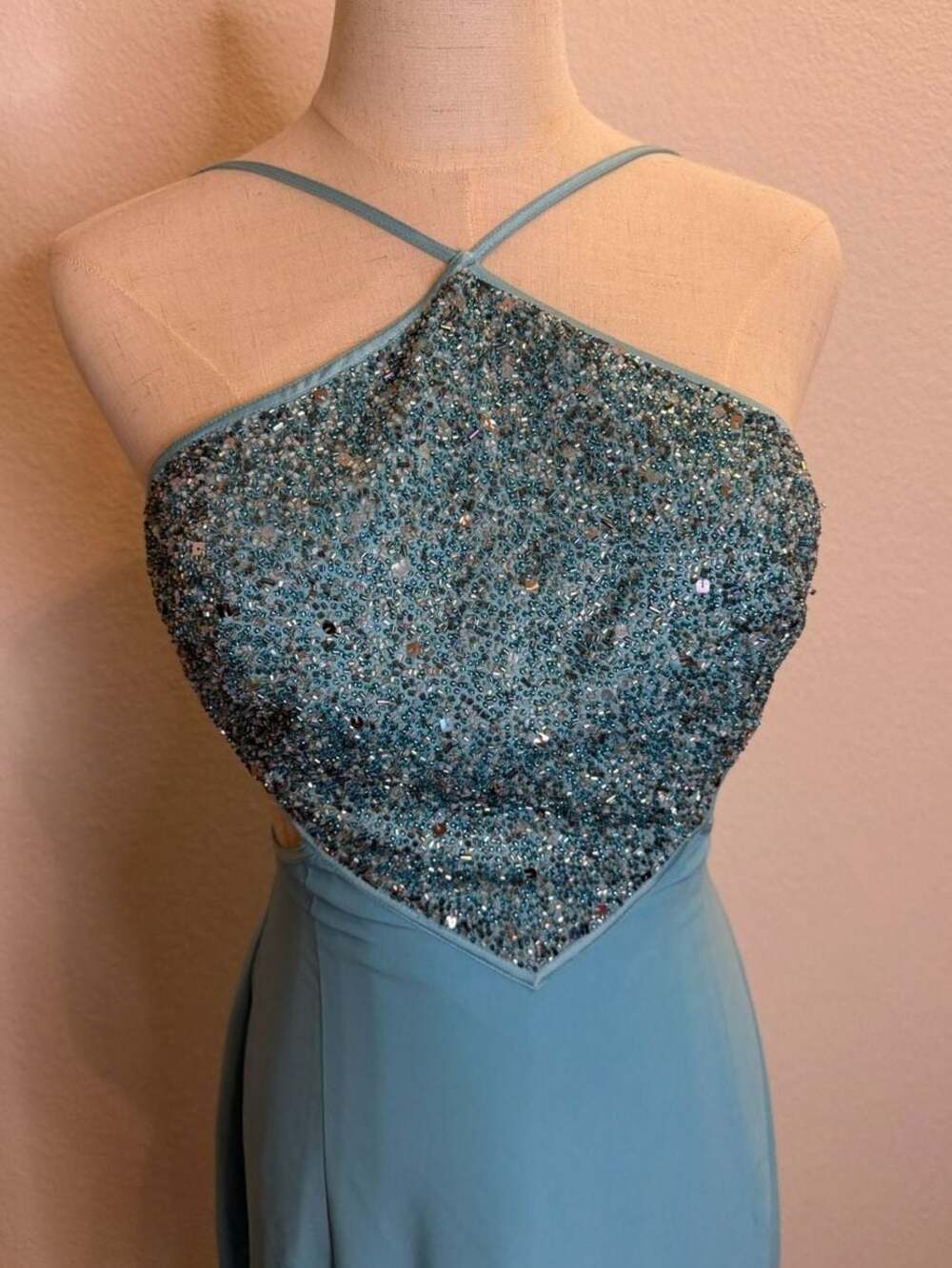Graduation Dress Caché Vintage Beaded Halter Open Back Gown Light Blue